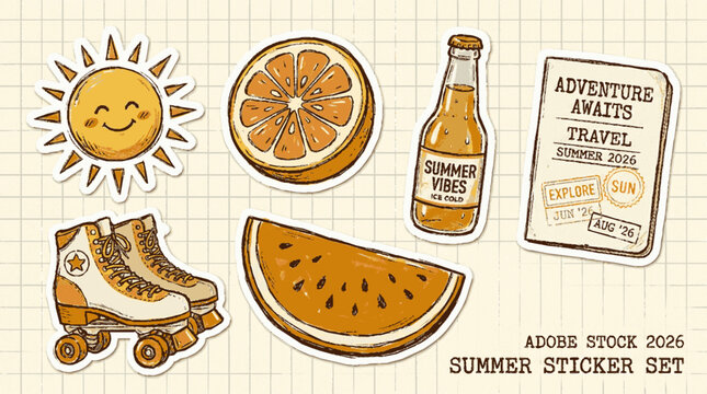 Retro summer doodle sticker collection with displays collection hand drawn retro style stickers with stickers