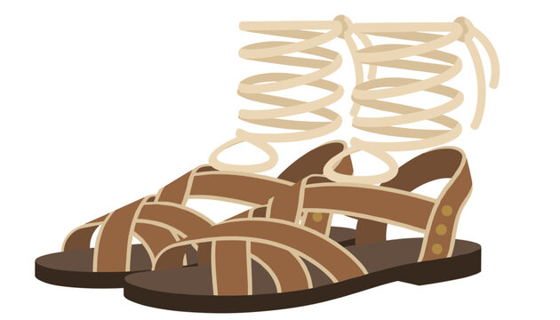 Stylish brown leather lace up sandals with ankle wraps representing retro summer fashion on a white background.