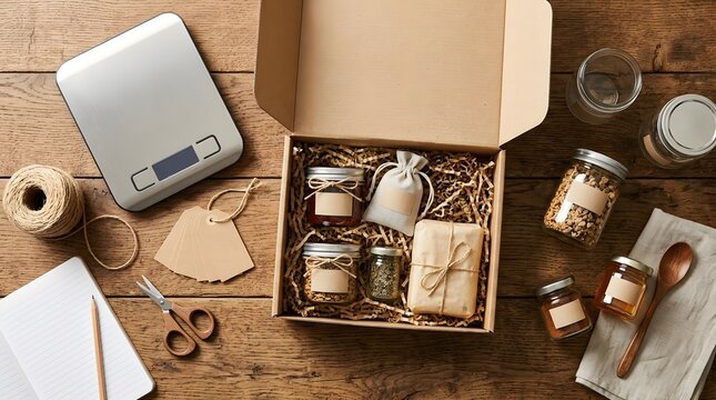Entrepreneur preparing handmade organic gift box with glass jars and eco-friendly packaging materials on a rustic wooden desk