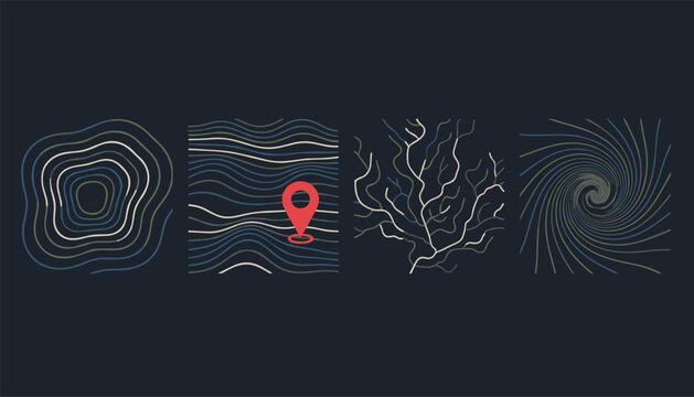 Set of four abstract square tiles showing topographic lines waves with a red map pin roots and a spiral.