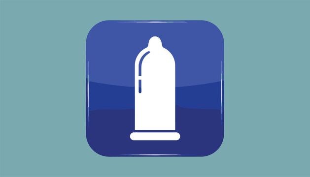 White condom icon representing safe sex and protection inside a blue rounded square on a grey background.