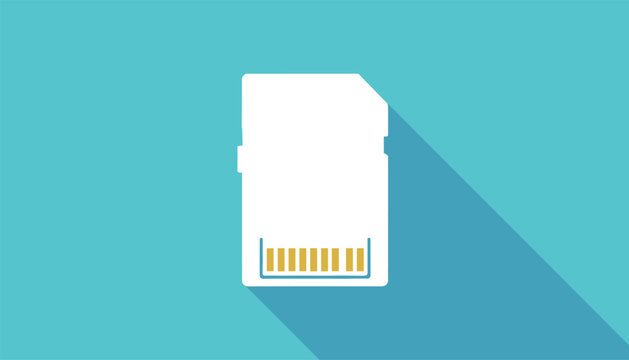 White SD memory card icon with gold contacts and long shadow effect on a turquoise blue background.