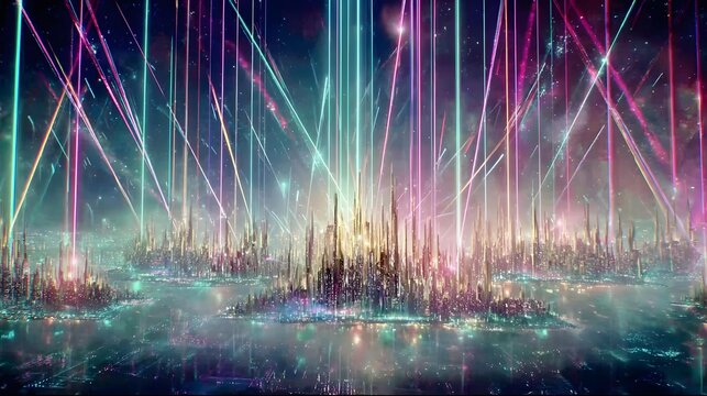 AI orchestrating a colorful soundscape above the clouds, futuristic visual effects, epic scenery, ultra realistic lighting