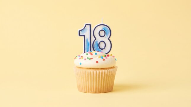 A single vanilla cupcake with white frosting and colorful sprinkles topped with an eighteen number candle on a yellow background