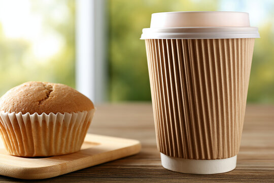 Corrugated paper coffee cup with lid and a muffin on a wooden board takeout cup takeaway