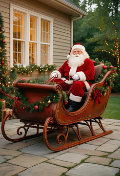 Christmas holiday celebration with santa claus in a sleigh, festive season and winter tradition, outdoor home decoration