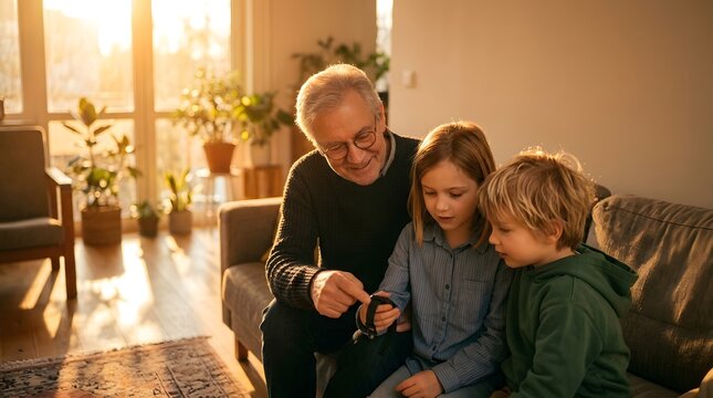 Happy grandfather showing a modern smartwatch to his curious grandchildren while sitting on a sofa in a sunlit living room