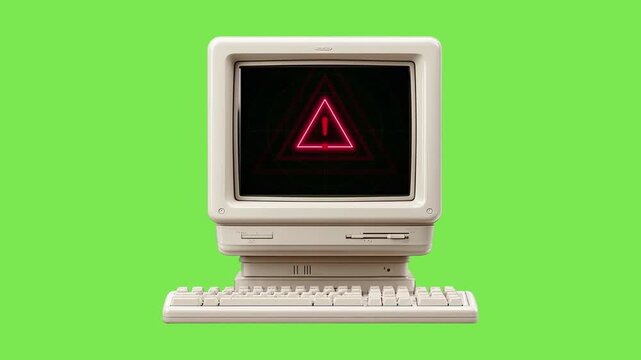 Retro vintage personal computer with a glowing red warning sign error message on display screen against a vibrant solid green background representing cybersecurity threat or system failure