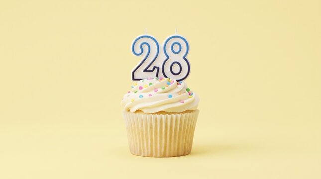 A single cupcake with a number 28 candle on top against a soft yellow background