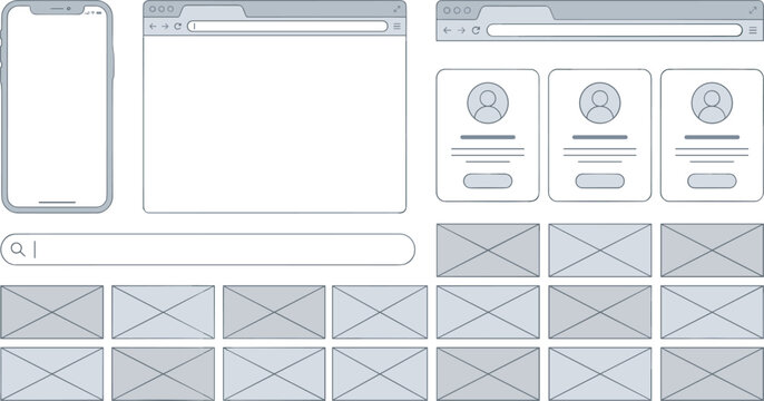 Website and Mobile App UI UX Wireframe Vector Set Featuring Web Browser Windows Smartphone Mockup Profile Cards Search Bar and Image Placeholders