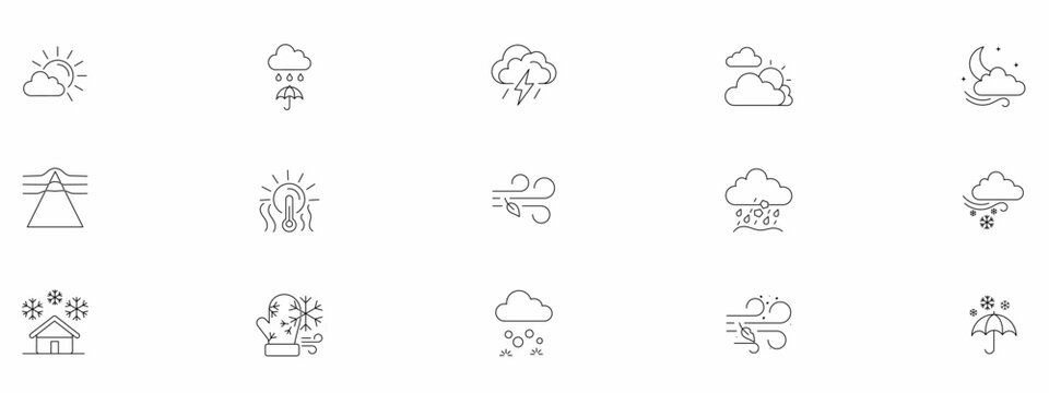 Weather forecast line icon set with sun, cloud, rain, wind, and snow symbols. Minimalist outline vector collection for meteorology, climate, temperature, and seasonal app UI.