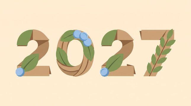 eco friendly 2027 new year text made of recycled paper and leaves flat illustration - ai generated