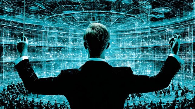 music ecosystem with floating holographic instruments orbiting a luminous digital core, vibrant sound waves, cinematic lighting, ultra detailed stock photo style