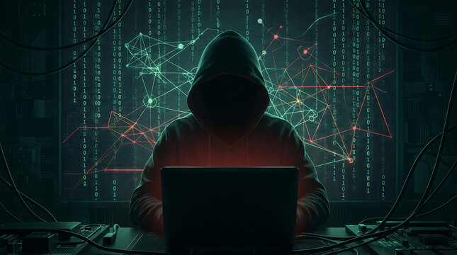 Anonymous hooded hacker working on a laptop with digital binary code and network connections in a dark setting