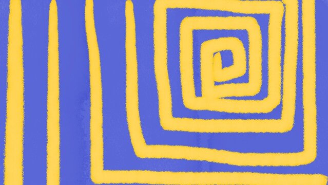Abstract yellow square spiral and stripe pattern on royal blue textured background.