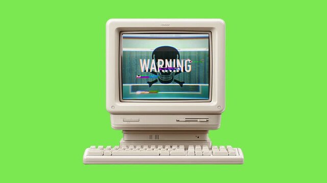 Vintage personal computer screen displaying a critical computer virus warning, symbolizing an urgent digital threat and the ever-present risk to data security