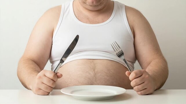 A hungry white man with an empty plate in front of him.