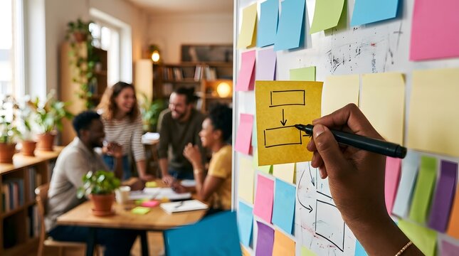Close up of a hand drawing a flowchart diagram on a yellow sticky note during a creative team brainstorming session in a modern office