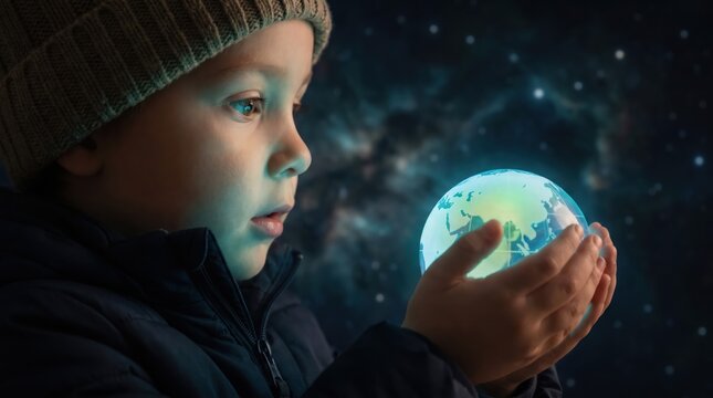 A young child wearing a winter hat gazes with wonder at a glowing, holographic globe held gently in their hands against a starry sky