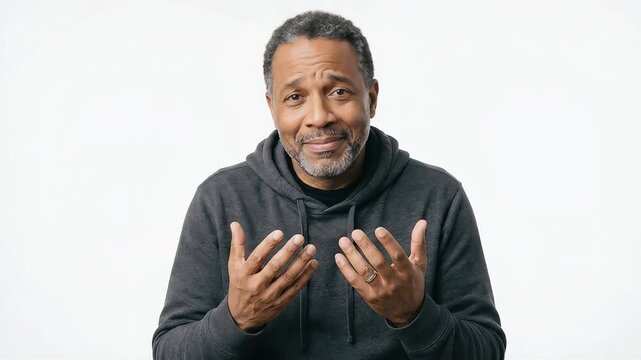 A middle-aged man looks anxious and pleads to the camera.