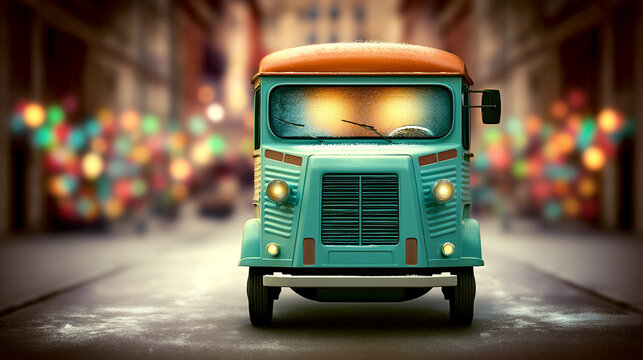 Turquoise delivery truck parked on a city street with colorful bokeh lights background