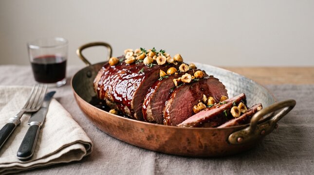 Sliced roasted veal with Barolo wine glaze in Italian copper dish minimalist wallpaper