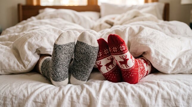 Closeup of two pairs of cozy winter socks on feet tucked under a white duvet in bed