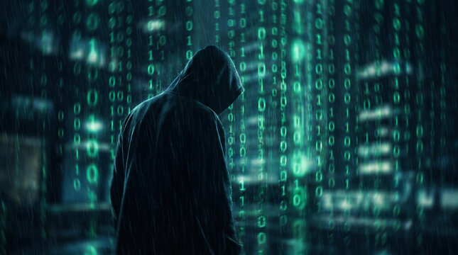 Mysterious hooded figure standing in digital rain of binary code cybersecurity and anonymity concept