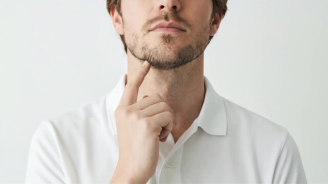 A man is deep in thought, touching his chin with his finger.