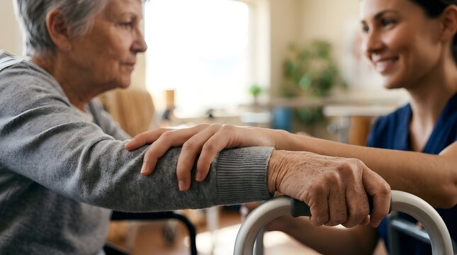Senior woman receiving professional assistance from a caring nurse while using a walker for mobility and rehabilitation in a bright indoor setting
