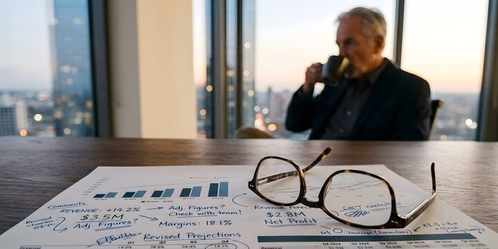 Close up of reading glasses on financial business reports with blurred senior executive drinking coffee in high-rise office at sunset