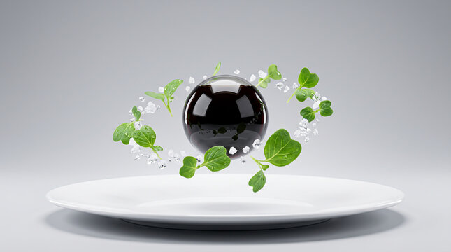 Levitating Black Sphere with Fresh Herbs and Salt Crystals Above White Plate