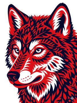 wild wolf head portrait linocut ornate paper cut red foliage floral leaves pattern mammal predator hunter wildlife mascot emblem decal sticker tshirt print poster graphic artwork
