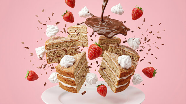 Levitating Strawberry Cake Slices with Pouring Chocolate Sauce