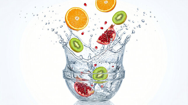 Fresh Sliced Fruits Splashing into Clean Water on White Background