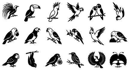 Naklejka premium Exotic tropical bird silhouette collection featuring parrot toucan cockatoo lovebird and bird of paradise icons