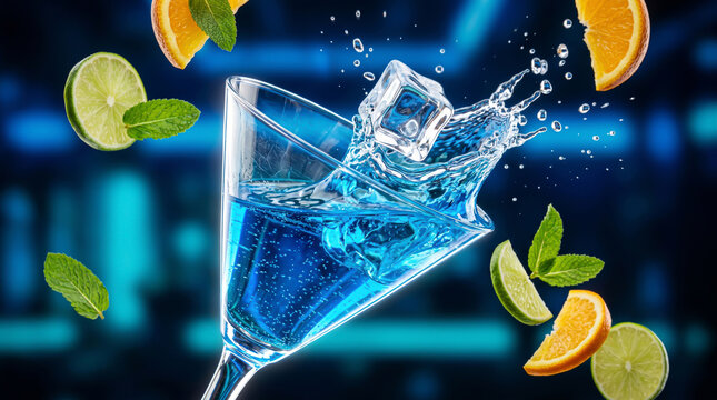 Blue Cocktail Splash with Ice Cube, Lime and Orange in Nightclub