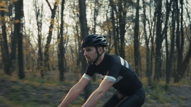 Cyclist Riding Bicycle On Autumn Forest Road Track. Outdoor Workout Training