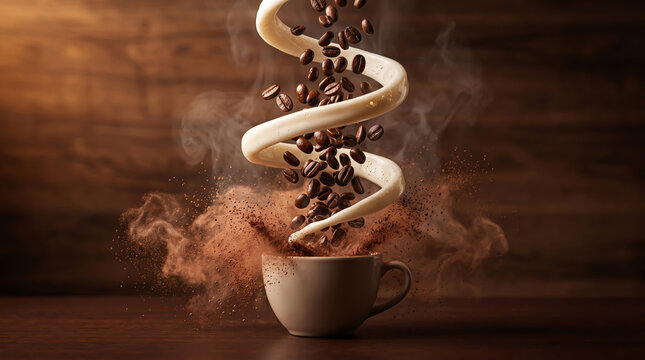 Roasted Coffee Beans Falling into Cup with Milk Spiral and Powder Splash
