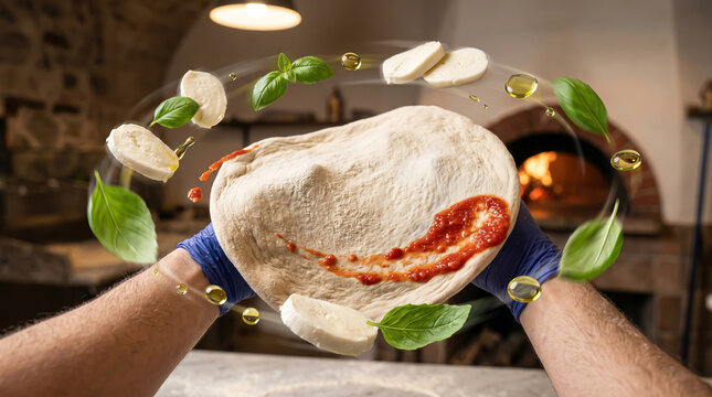 Chef Preparing Pizza with Flying Fresh Ingredients in a Rustic Kitchen