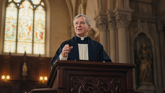 Priest Delivering Sermon from Pulpit Inside Historic Church