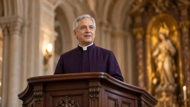 Priest Giving Sermon from Wooden Pulpit in Ornate Historic Church
