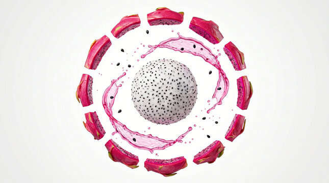Minimalist Dragon Fruit Composition with Juice Splash on White Background