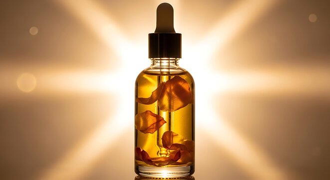 Golden oil dropper bottle with natural light glow