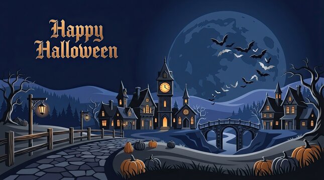 Happy halloween pixel art scene with haunted town and glowing moon at night