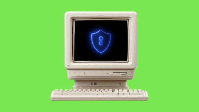 Retro vintage computer with glowing neon security shield icon on screen for cybersecurity and data protection concept