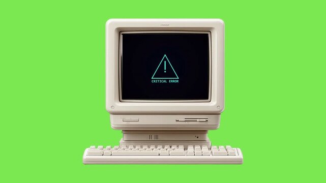 Vintage beige computer displaying a digital error message with a yellow warning symbol on a bright green background, representing technological failure or issues