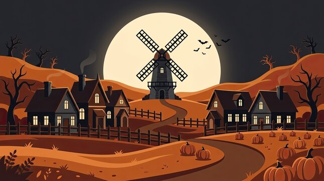 Old windmill at sunset in pixel art style village with houses and trees