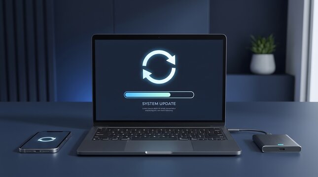 Laptop and phone display system update with progress bar