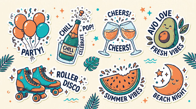 Vibrant hand drawn celebration stickers collection featuring festive party elements and summer themed decorative graphic design icons